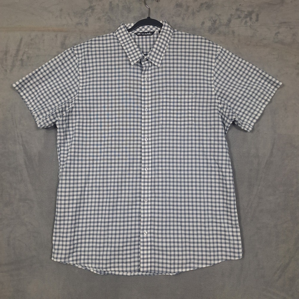 Travis Mathew Shirt Mens 2XL Gray Blue Plaid check Button Up Short Sleeve casual